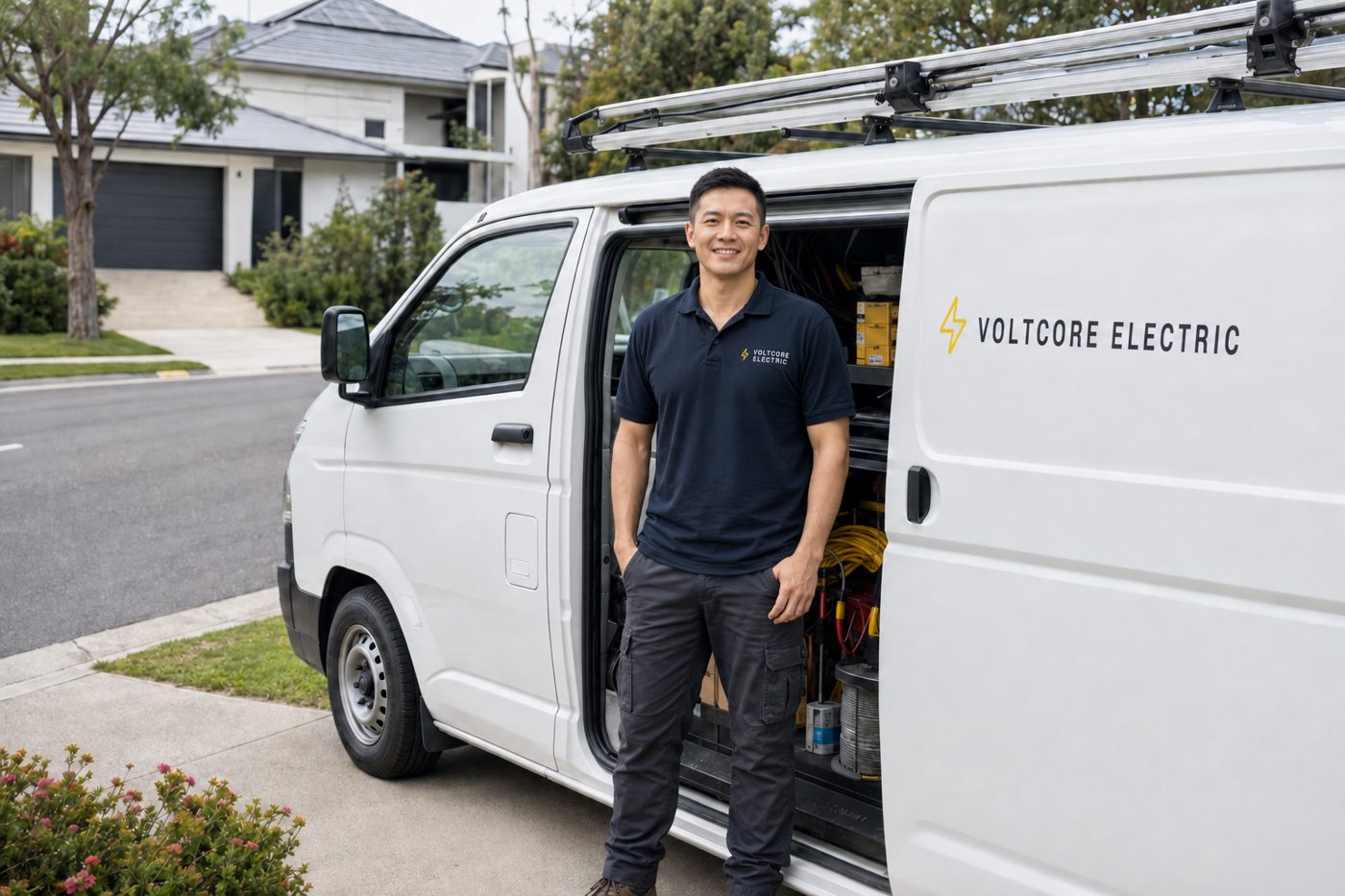 Voltcore Electric master electrician beside a fully stocked service van in a Sydney suburb
